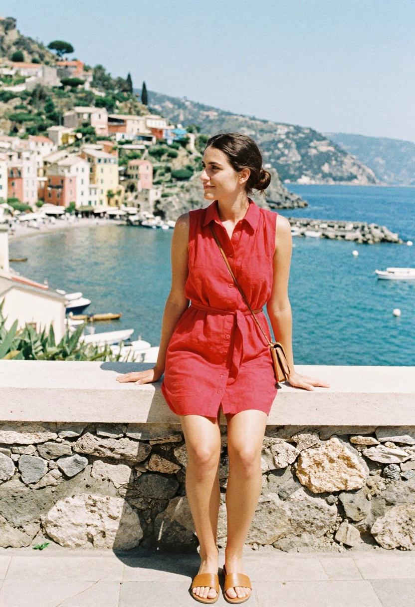 Belted red linen shirt dress for sightseeing and aperitivo
