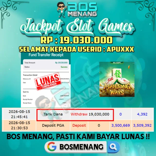 Tanggal 15 AGUSTUS 2026 - JACKPOT SLOT GAMES - Mahjong Ways (PG Soft) Rp 19.030.000,-