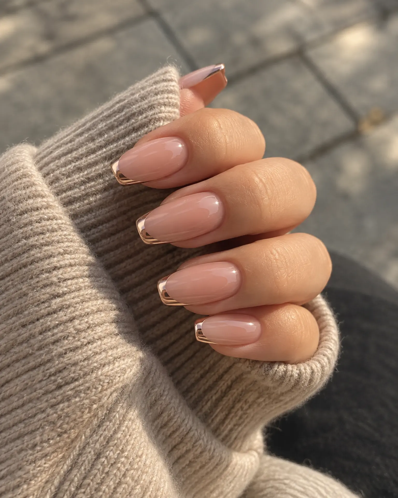 Nude Chrome Edge manicure inspiration for round nail ideas