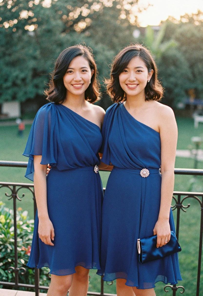 Royal blue one-shoulder chiffon gown with jeweled waist detail in romantic prom couple portrait at golden hour
