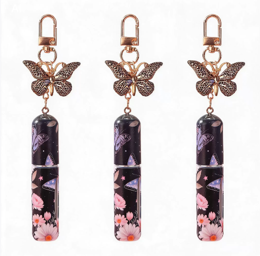 3 Pack Black 5ml Portable Perfume Atomizer Keychain Butterfly Charm Floral Refillable Travel Spray Bottle Set - Same Design