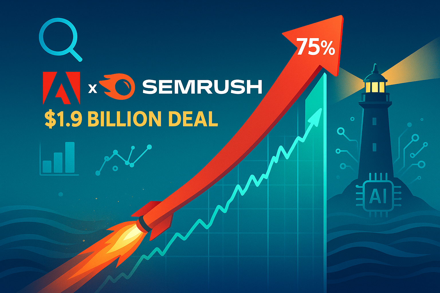 Illustration of Semrush acquisition by Adobe boosting stock price in digital marketing sector