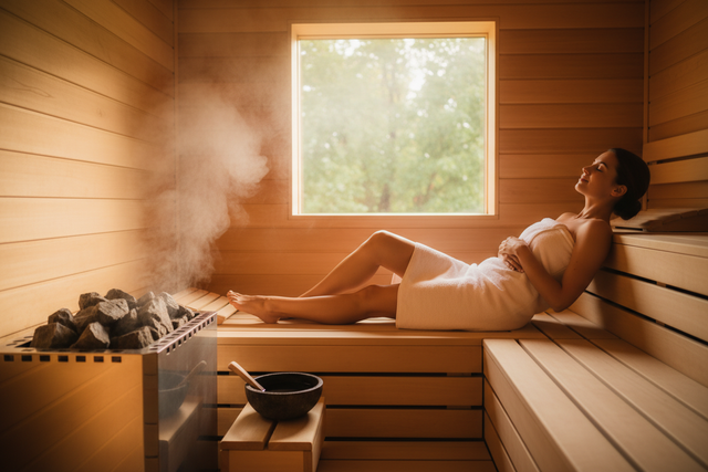 Woman relaxing in luxury home sauna