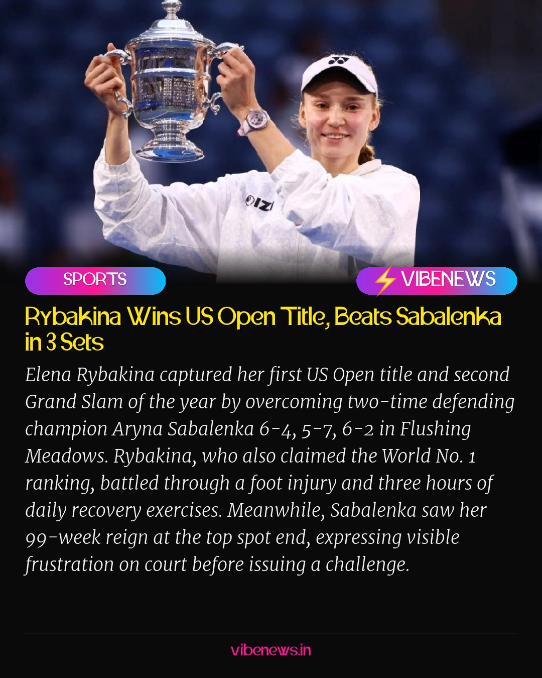 Rybakina Wins US Open Title, Beats Sabalenka in 3 Sets