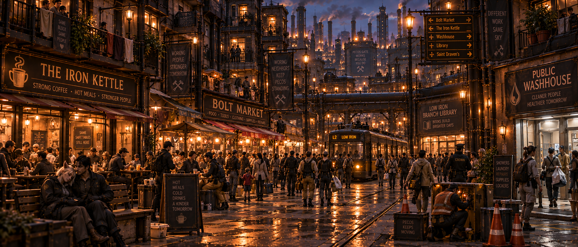 Low Iron neighborhood at night with cafés, market stalls, public services, apartments and worker transit.