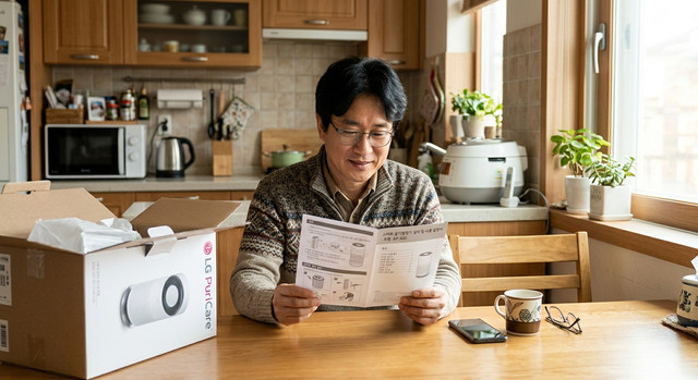 밝은 주방에서 IT 가전 설치 설명서를 읽는 한국인