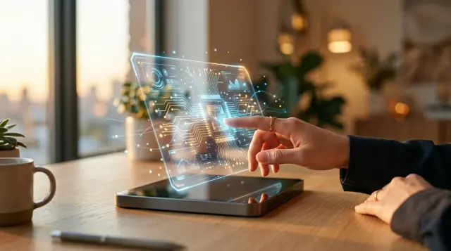 Hand interacting with glowing holographic AI interface above smart device, warm futuristic mood