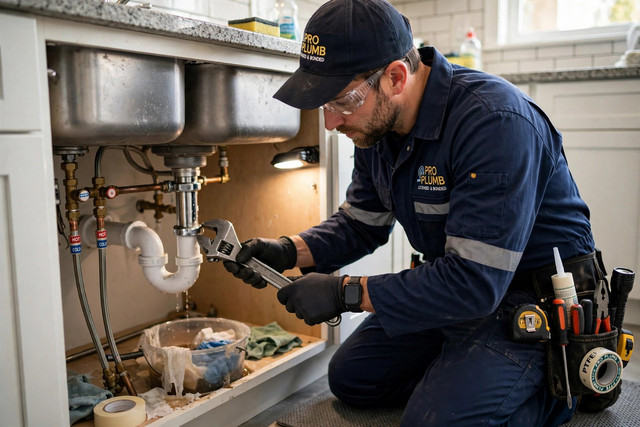 Plumber repairing under-sink pipes