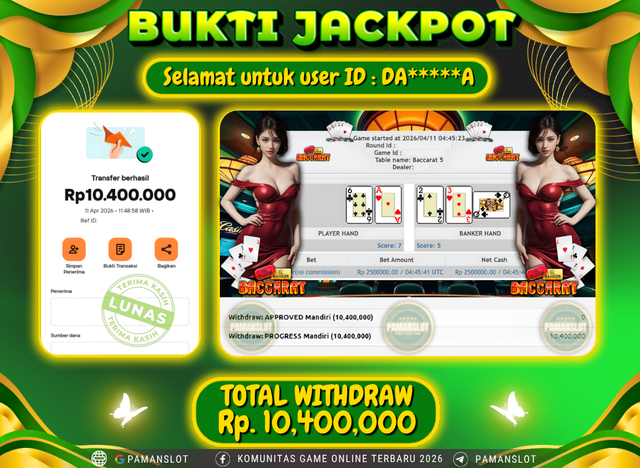 Selamat kepada Member PAMANSLOT Live Games PP - Baccarat : DA****A