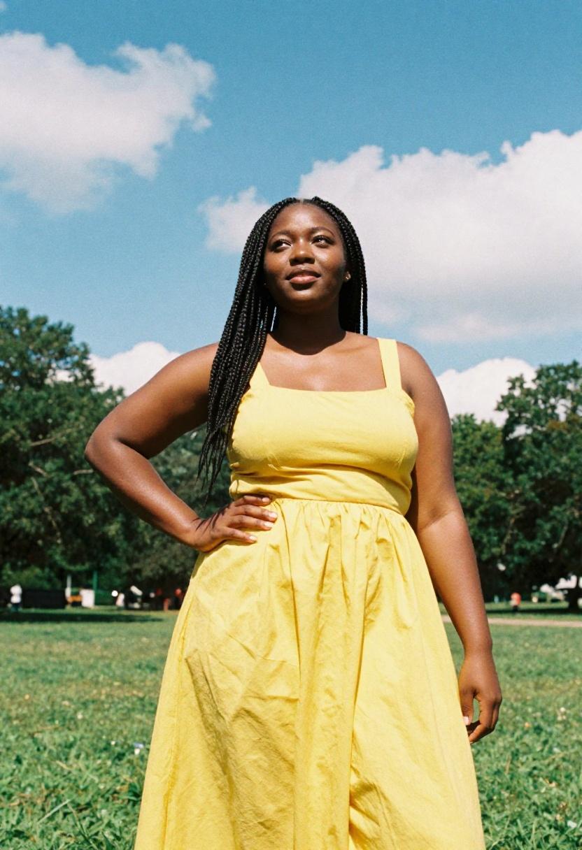 Marigold yellow sundress photographed from a low angle in a sunny park, radiating warmth
