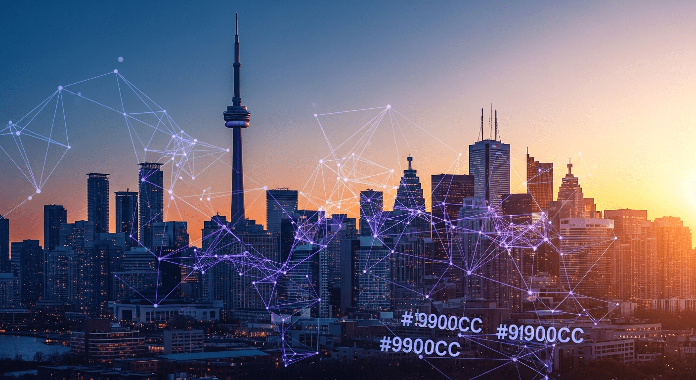 Photorealistic Toronto skyline at dusk featuring the CN Tower with abstract digital network lines in #9900CC purple connecting buildings