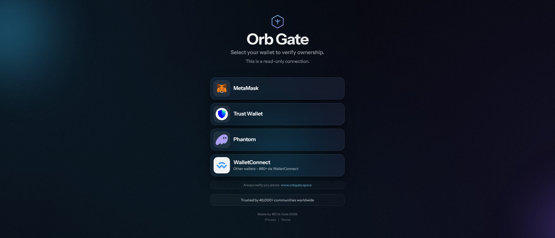 Forensic screenshot of orbgate.space showing the phishing page layout