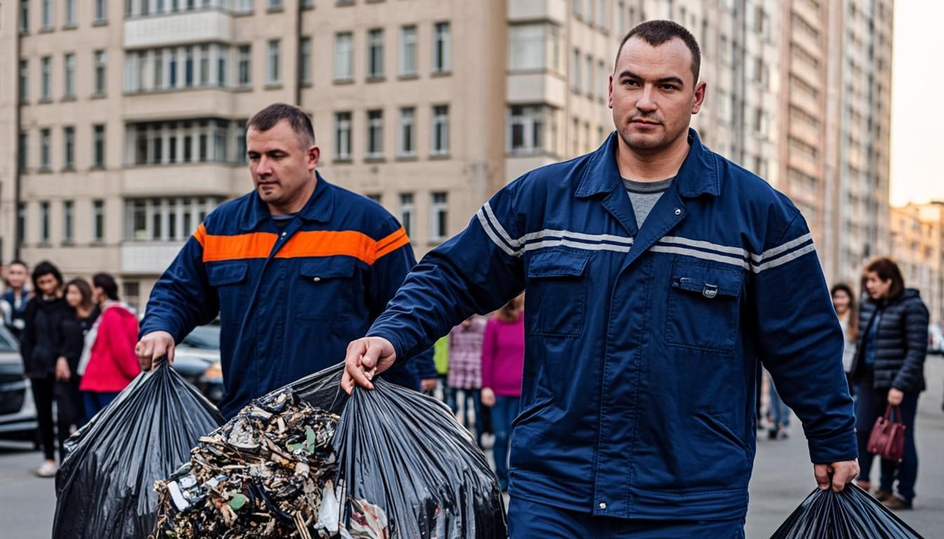 Грузчики загружают мусор в грузовик в Новой Усмани