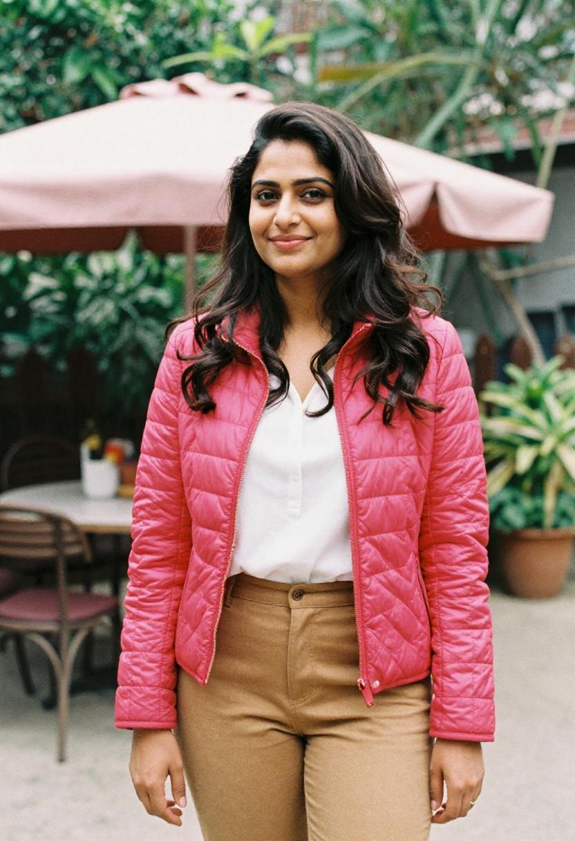 Fuchsia quilted jacket over camel trousers in a spring garden setting