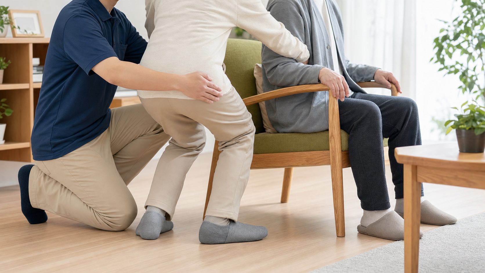 専門職が家族に安全な介助方法を伝えているイメージ