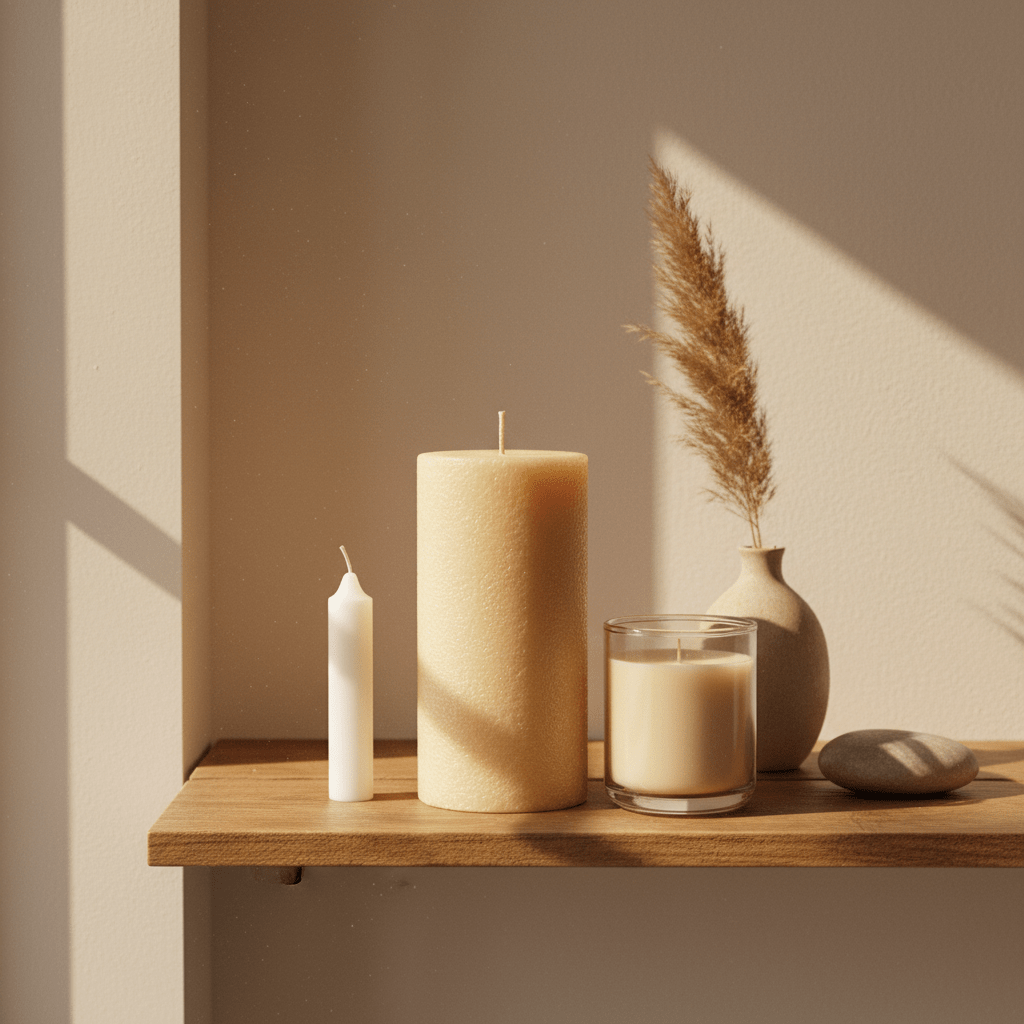 A tidy home shelf with beeswax candle, soft sunlight, minimal decor, longer-burning candle beside paraffin and soy candles for comparison