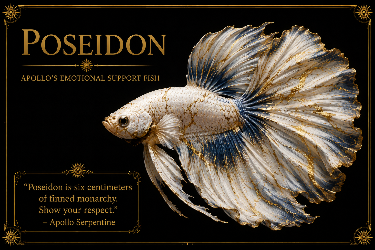 Poseidon, Apollo's white, gold, and blue betta fish emotional support fish
