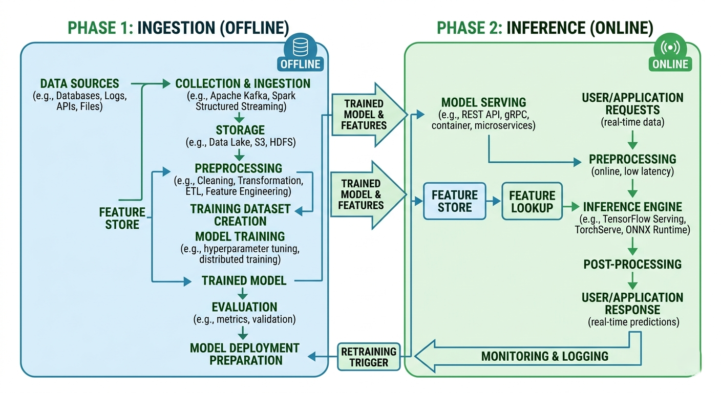 Complete RAG pipeline architecture diagram showing ingestion phase on left and inference phase on right with all components connected