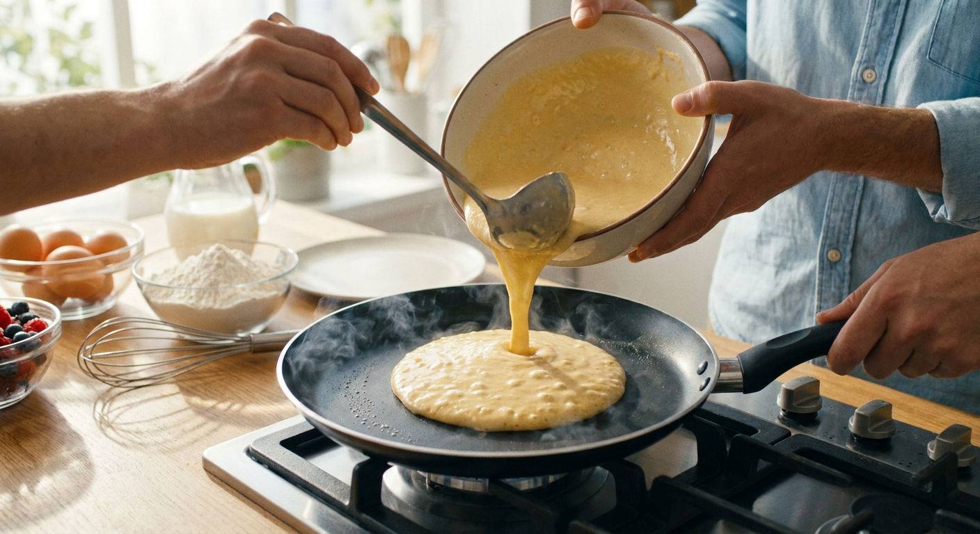 Smażenie naleśników na patelni, krok po kroku.