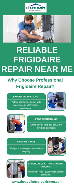 For reliable Frigidaire repair near me, trust The Appliance Repairmen. Our certified technicians provide fast, affordable service for all Frigidaire appliances. Whether it’s a refrigerator, oven, or washer, we deliver expert diagnostics and same-day repairs to get your home running smoothly again. Call now for trusted local service! https://theappliancerepairmen.com/brands/detail/frigidaire-repair-near-me
