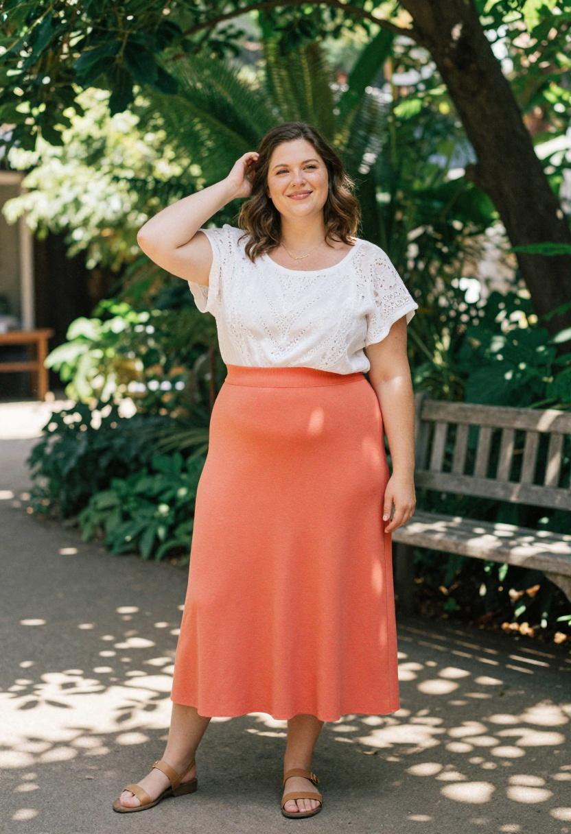 Coral orange midi skirt with white broderie blouse for garden-ready plus-size outfit