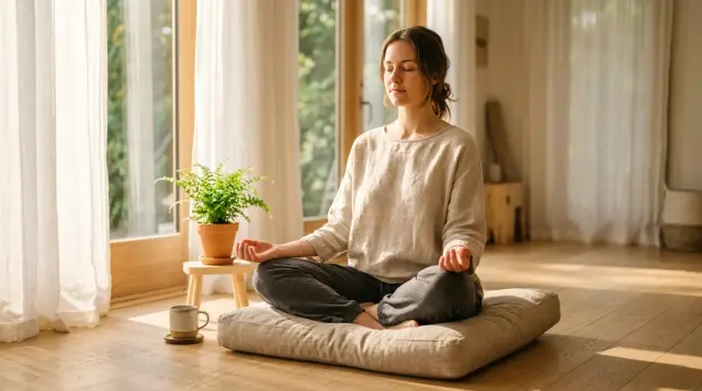 Serene person meditating cross-legged on cushion in sunlit minimalist room, peaceful mood