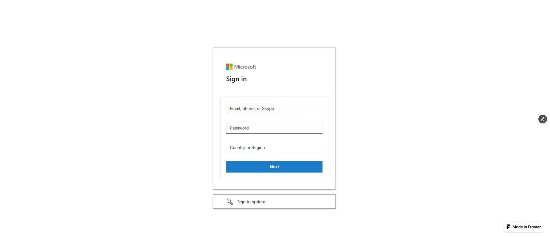 Forensic screenshot of witty-fancy-612590.framer.app showing the phishing page layout