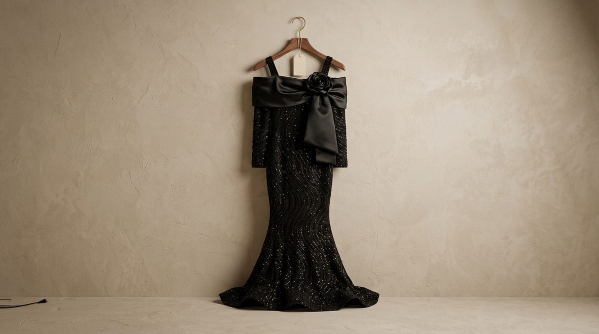 Black sequined party wear gown on a hanger