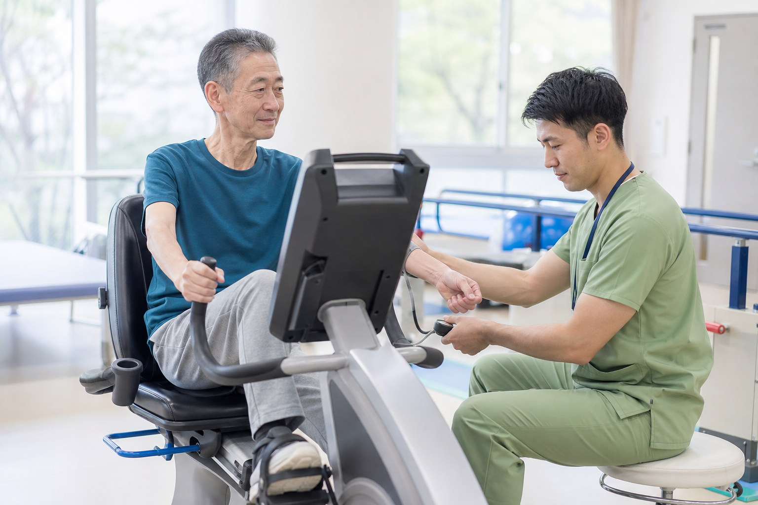 脳卒中後の方が血圧を確認しながら専門職の監督下で有酸素運動を行う様子
