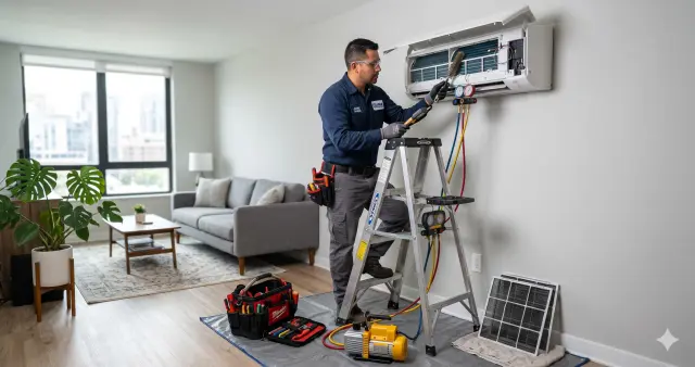 Técnico de aire acondicionado haciendo mantenimiento a una unidad split en un apartamento moderno en Colombia