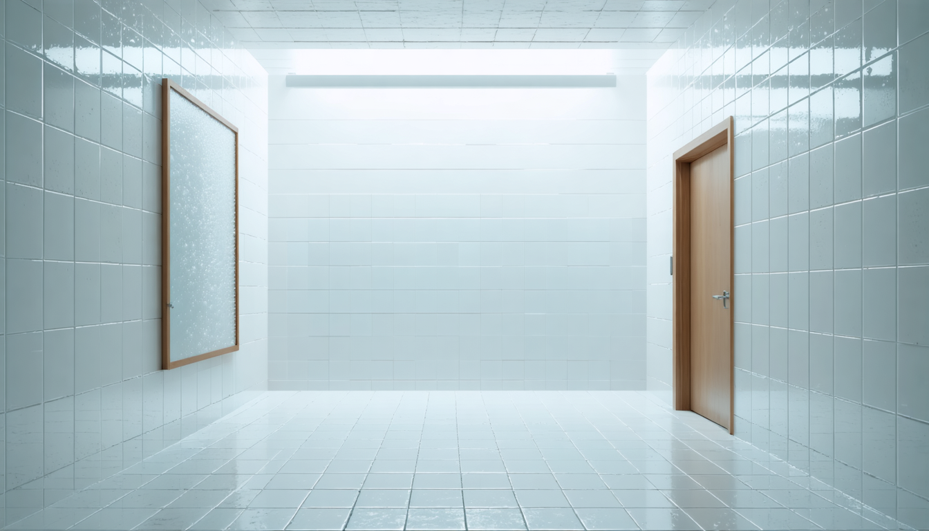 A plain white ceramic room with bright overhead light reflecting off tile, a closed door, completely empty and still.