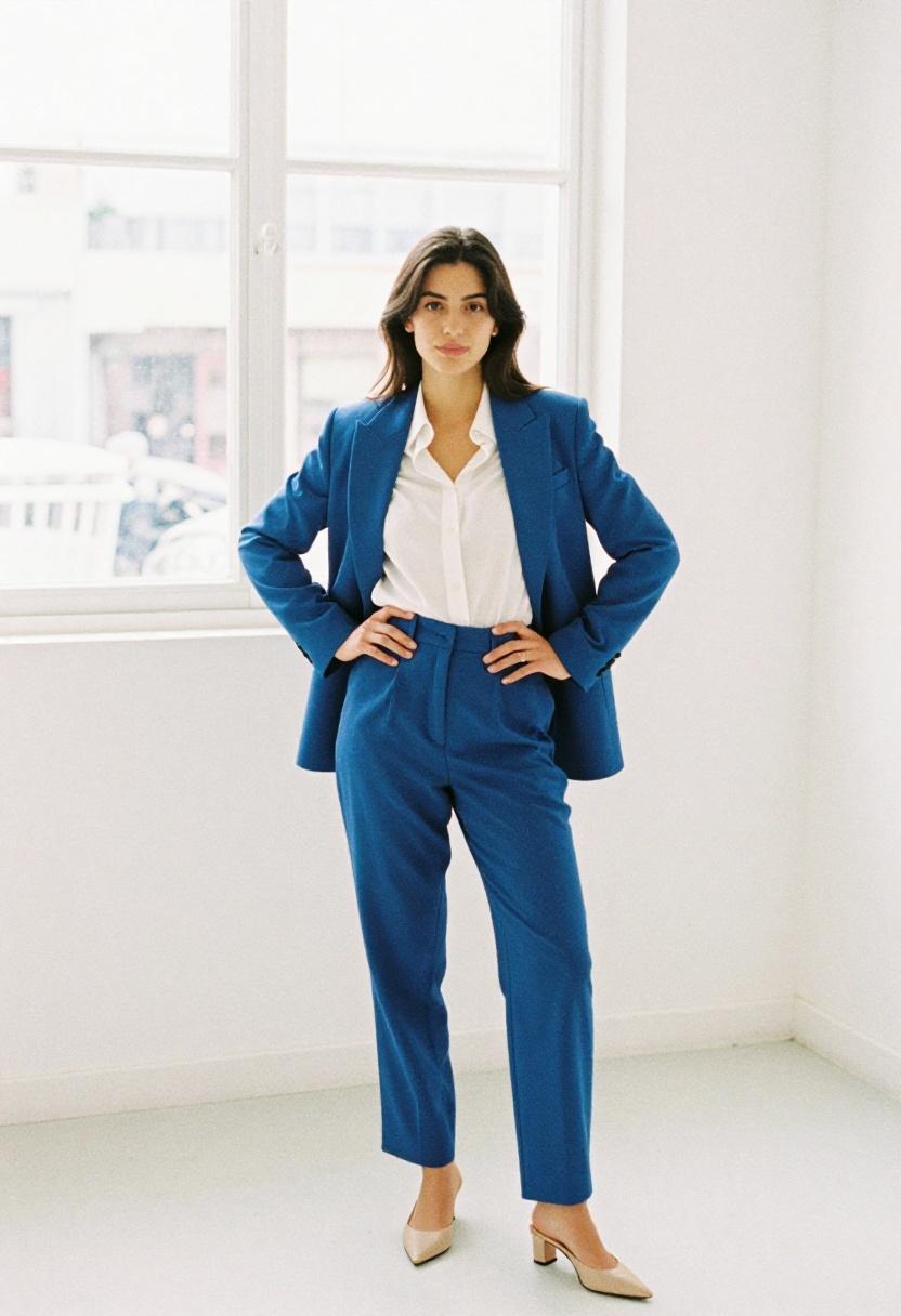Cobalt blue blazer with tailored trousers and nude mule heels for a polished office look