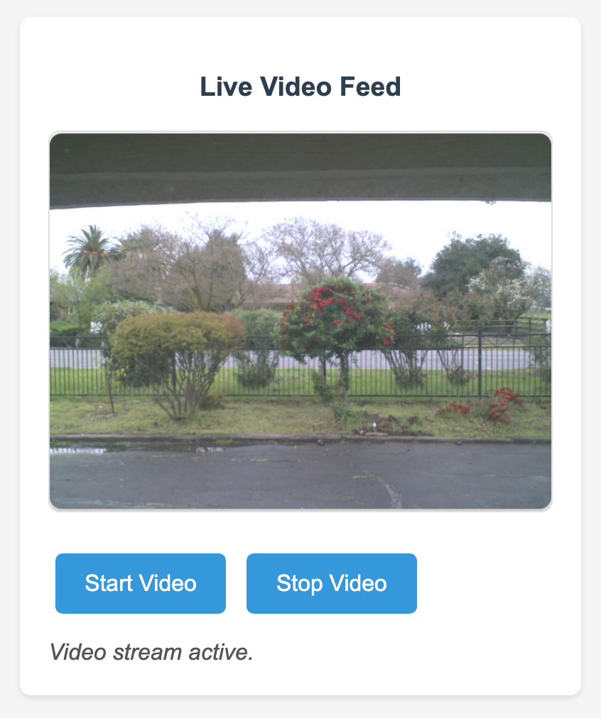 The live video panel, with start and stop controls under the stream