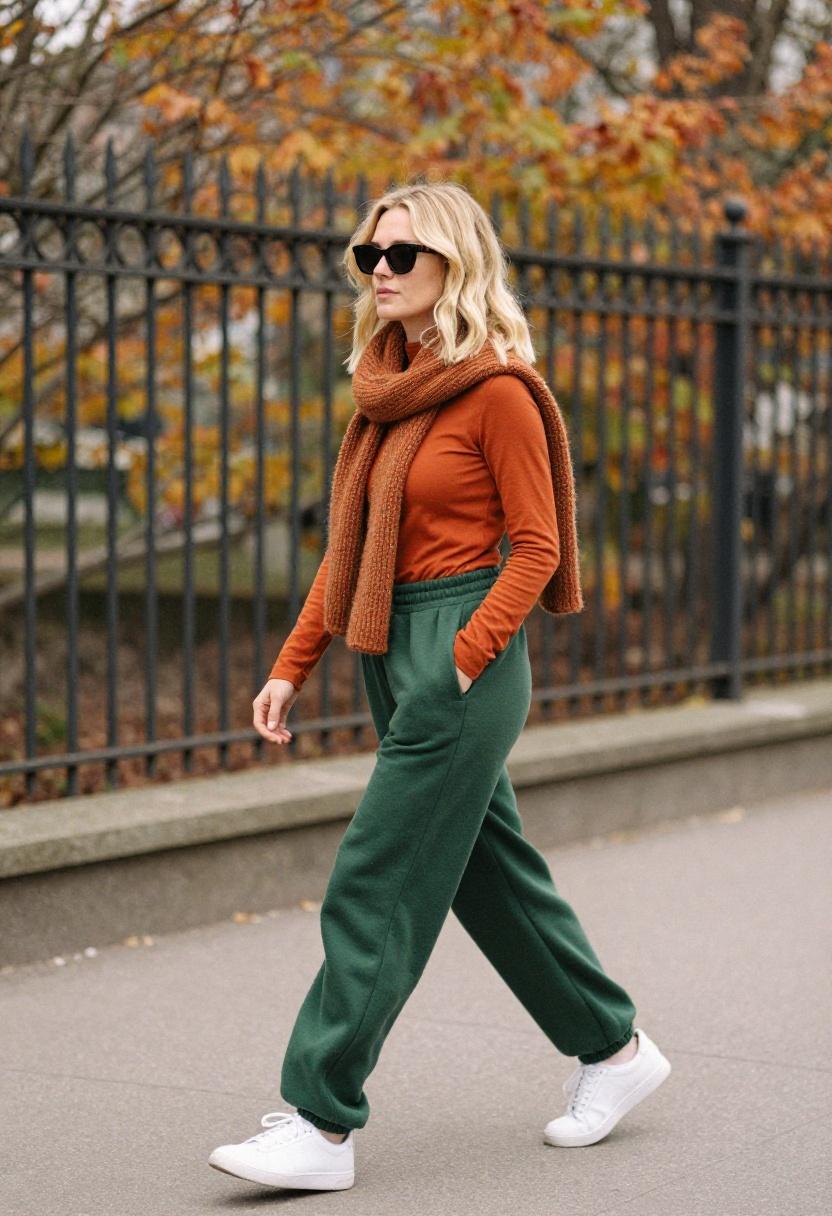 Forest green oversized sweatpants with rust-orange top autumnal street look