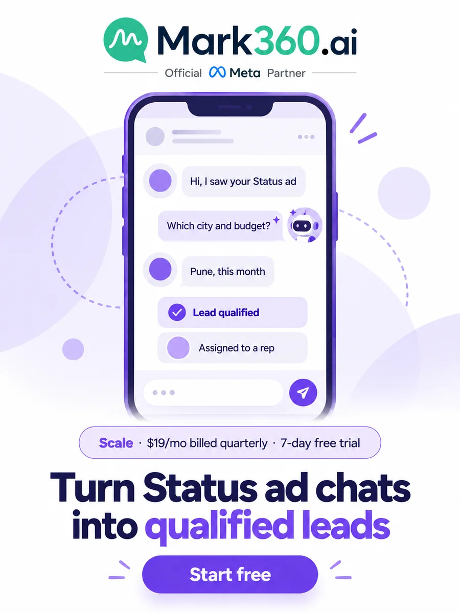 Route WhatsApp Status ad chats to a Mark360 AI agent that qualifies leads; Scale plan $19 a month billed quarterly with a 7-day free trial