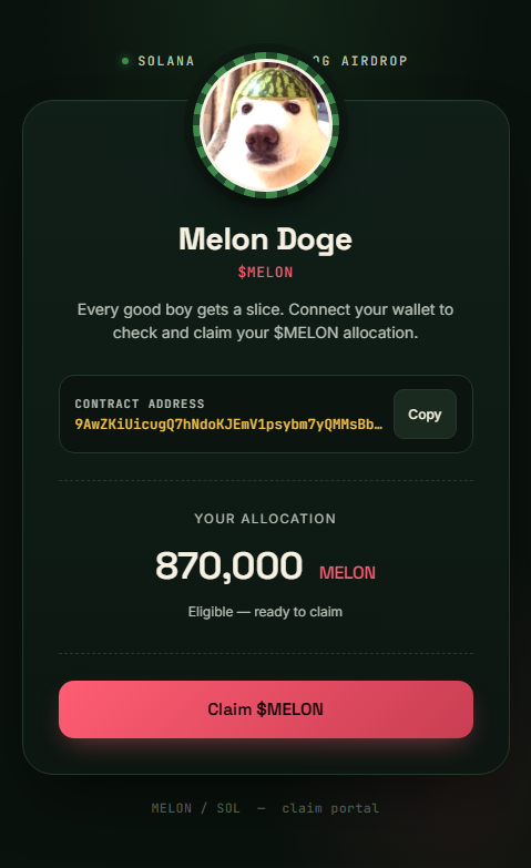 Forensic screenshot of melondogclaim.netlify.app showing the phishing page layout