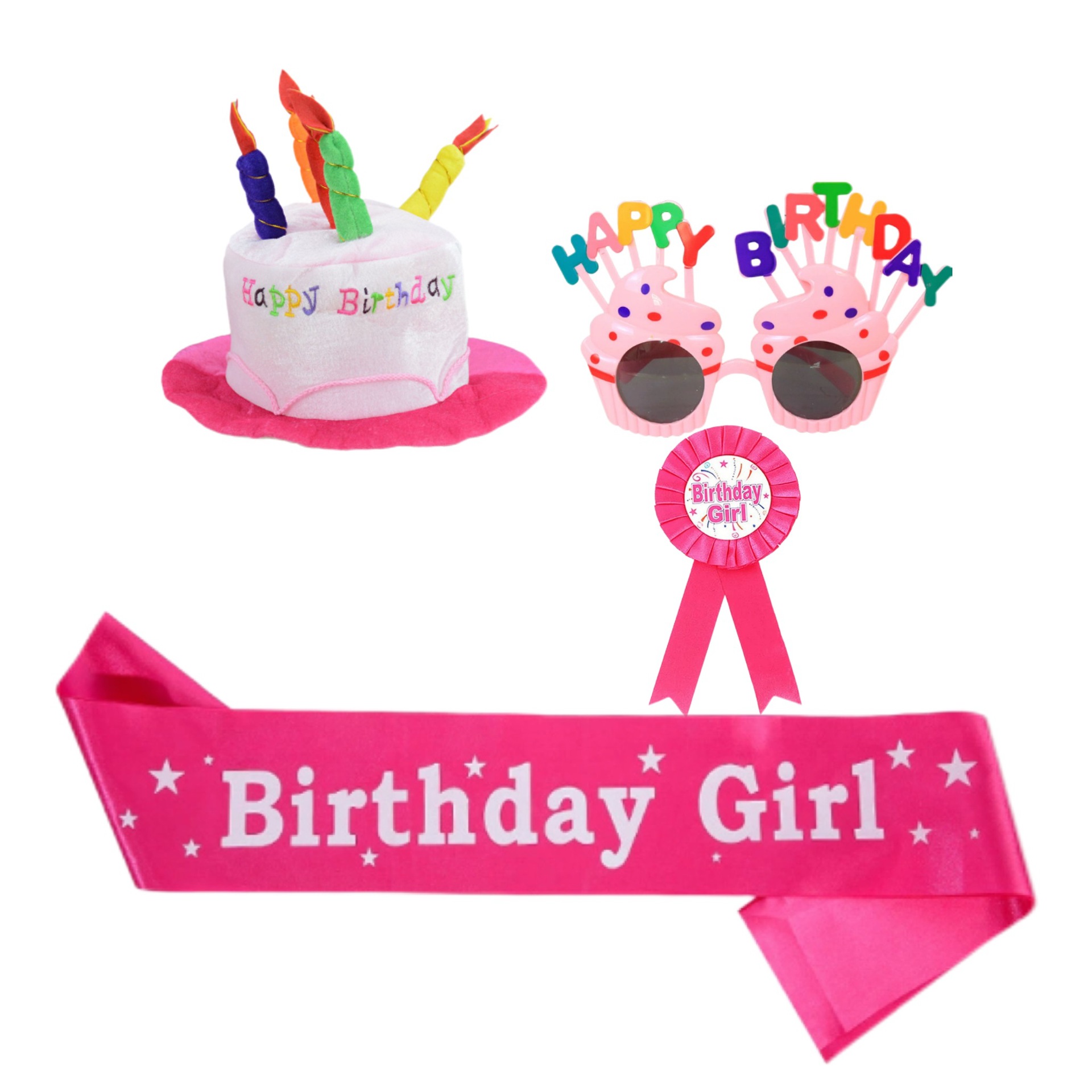 4-piece Pink Plush Birthday Cake Hat Set - Novelty Party Accessory with Matching Glasses and Medals and Shoulder Straps, Fun Photo Prop