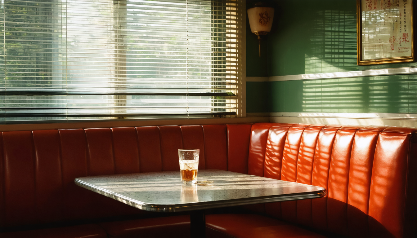 Two empty restaurant booths in a modest Chinese diner, one in focus with a sweating water glass, the other blurred behind, lit by dim afternoon light through blinds.