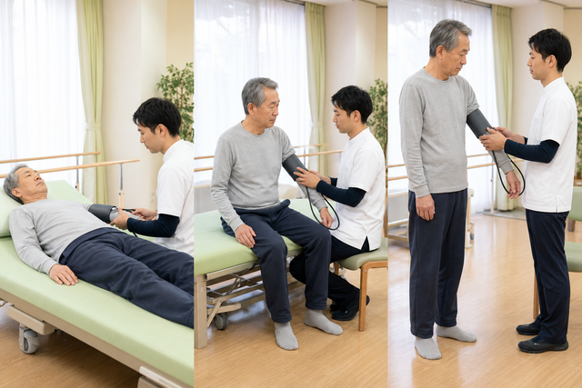 あお向け・座位・立位の順に血圧を測定する様子