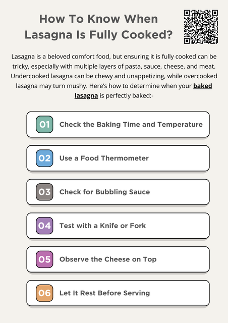 To know when baked lasagna is fully cooked, check if the sauce is bubbling, the cheese is golden brown, and a knife slides through the layers easily. Using a thermometer—165°F (74°C) ensures doneness. Let it rest for 10-15 minutes before serving for the best texture. Proper cooking prevents undercooked pasta or overly soft layers. To know more visit here https://foodclub.com/recipe/simple-oven-baked-lasagna