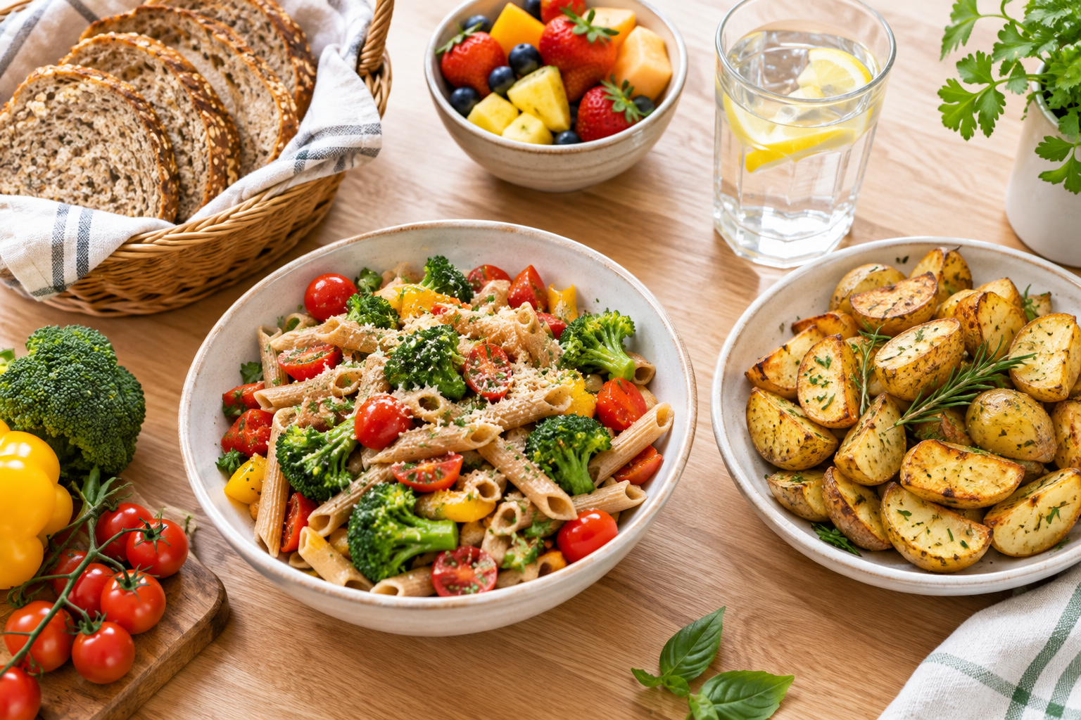 Table en bois rustique remplie de plats sains et délicieux, incluant un plat de pâtes aux légumes, une salade fraîche, du pain complet et des pommes de terre rôties, dans une ambiance conviviale
