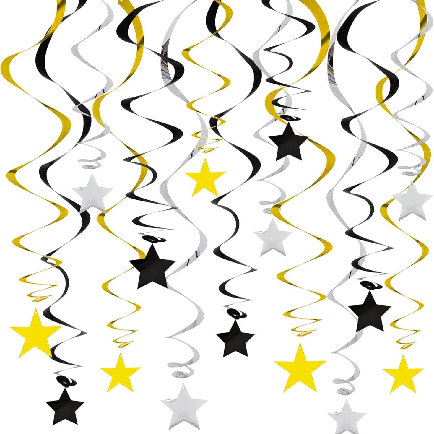 30-Piece Set for Golden and Silvery and Black Star Spiral Hanging Decorations - Birthday, Wedding, Graduation, and Party Ceiling Decoration - Festive Swirl Streamers, Easy Hang Party Supplies