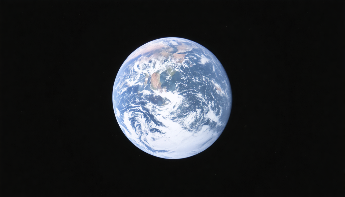 A small blue-white Earth suspended against deep black space, seen from far away, faintly lit.