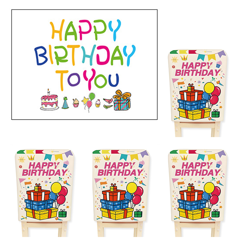 5 pcs Birthday Party Decoration Set - Happy Birthday Backdrop Banner with 4 pcs Chair Covers, Cartoon Polyester Party Decor Kit