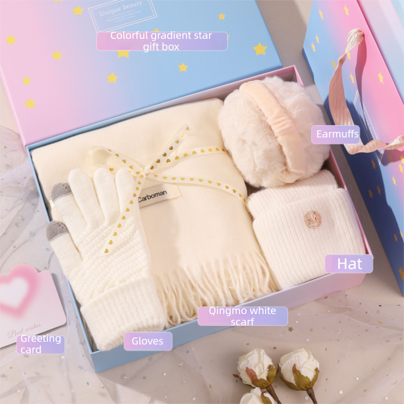 White Winter Scarf Gift Box Set for Women （4-Piece Set: Earmuffs, Hat, Gloves, and Scarf）- Soft Warm Scarf with Luxury Gift Packaging Birthday Present for Girlfriend Wife Daughter