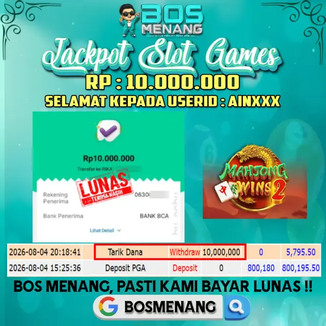 Tanggal 04 AGUSTUS 2026 - JACKPOT SLOT GAMES - Mahjong Wins 2 (Pragmatic Play)  Rp 10.000.000,-