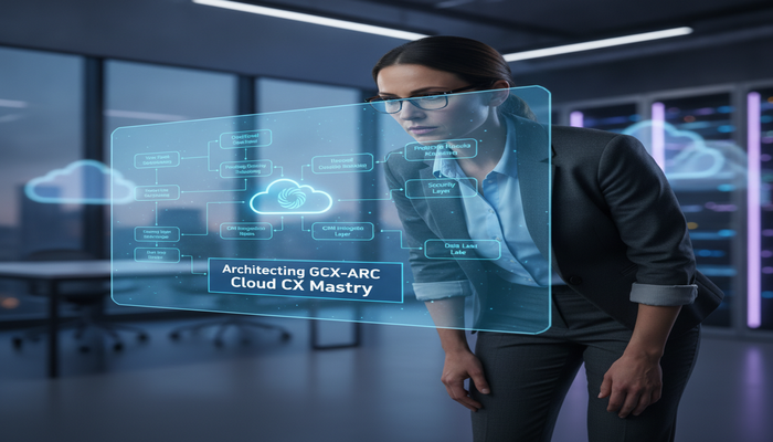 Architecting GCX-ARC Cloud CX Mastery A professional Genesys Cloud CX architect intently studying a complex digital blueprint on a holographic screen, focusing on intricate data flows, integrations, and security elements, set in a high-tech office. The image title 'Architecting GCX-ARC Cloud CX Mastery' is visible.