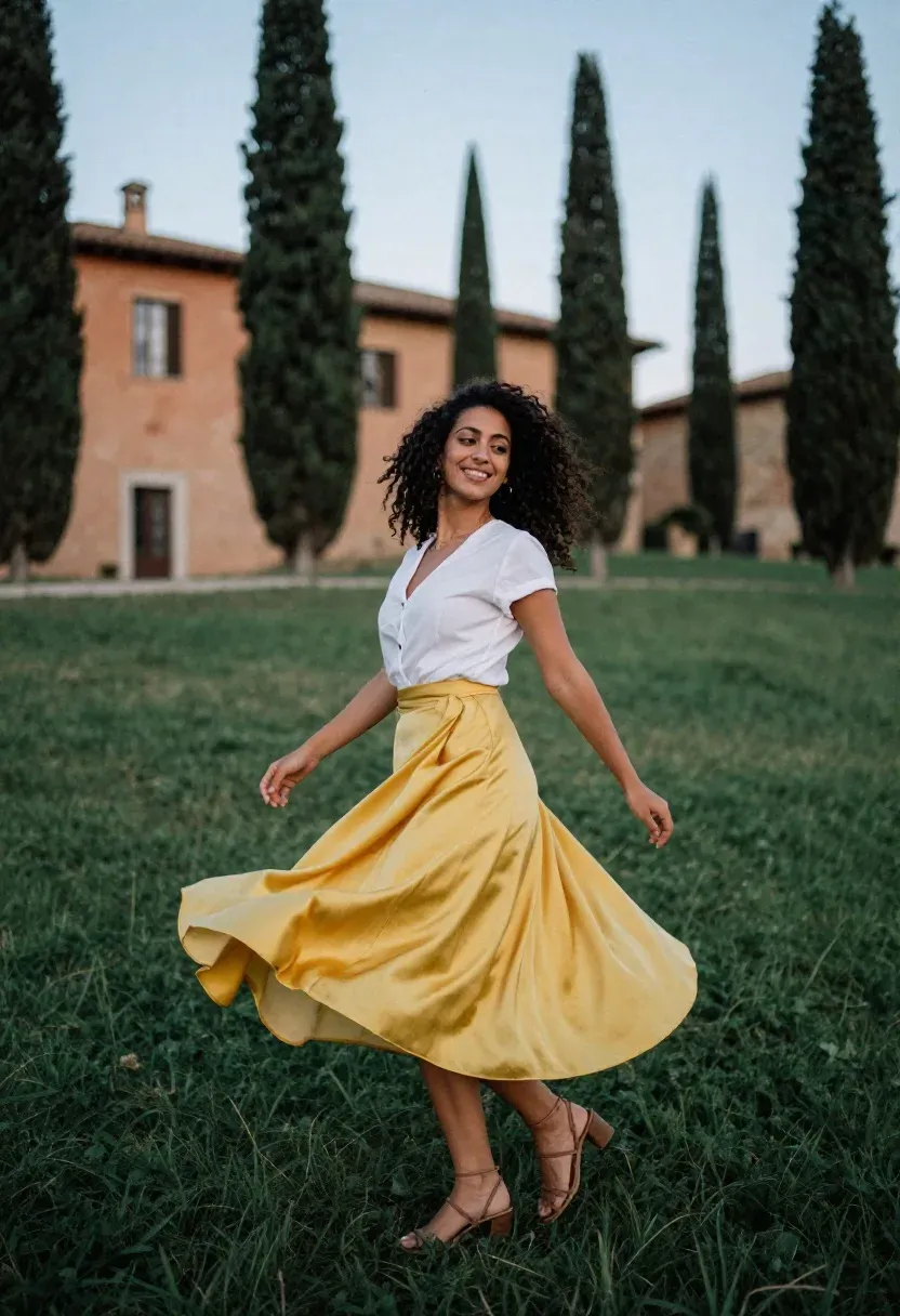 Middle Eastern woman with dark curls wearing a canary yellow silk wrap skirt and crisp white blouse outdoors
