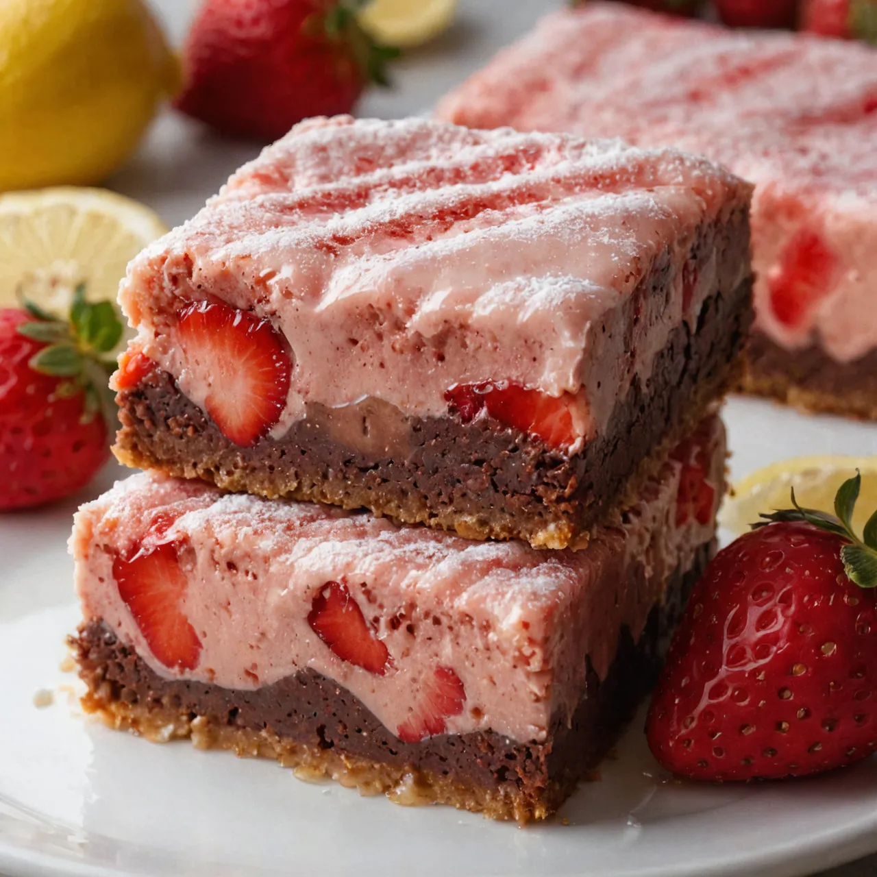 A beautifully plated dessert featuring two layers of rich, dark brownie with a glossy lemon glaze drizzled over the top. The bright red strawberries are scattered across the surface, adding bursts of