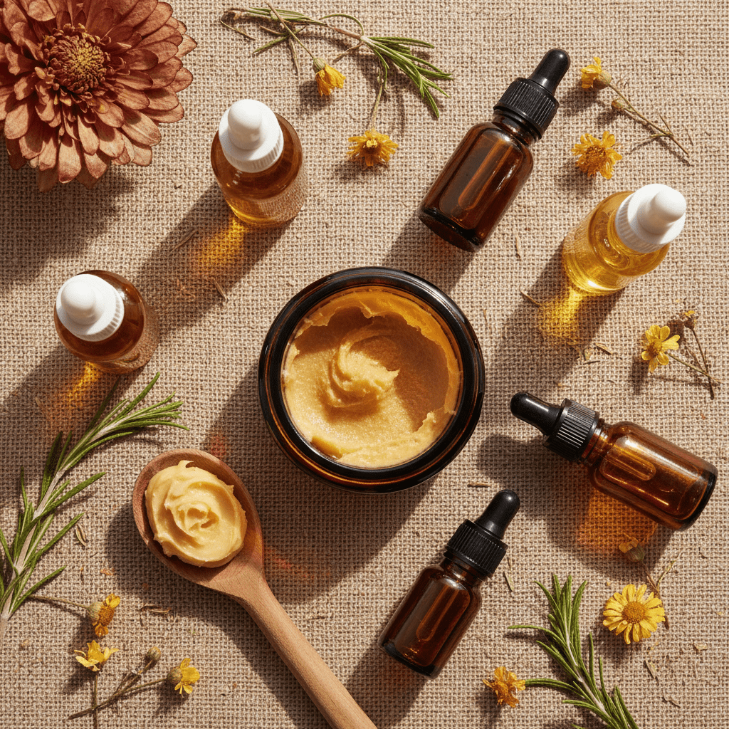 Natural hair care setup with beeswax, oils, and spa-style products